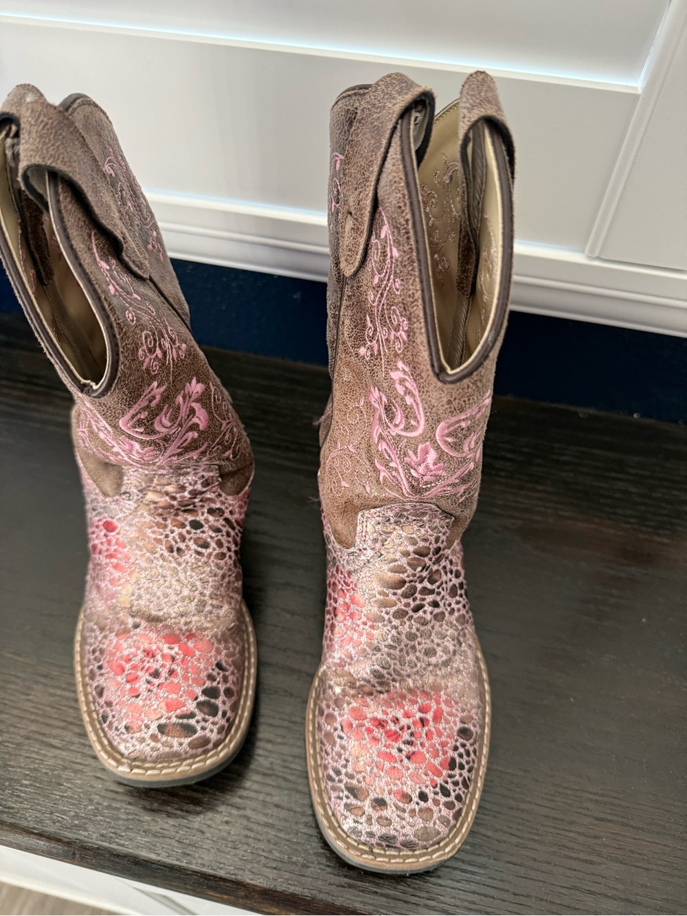 Old West Girls Brown Boots with Pink Embroidered Accents